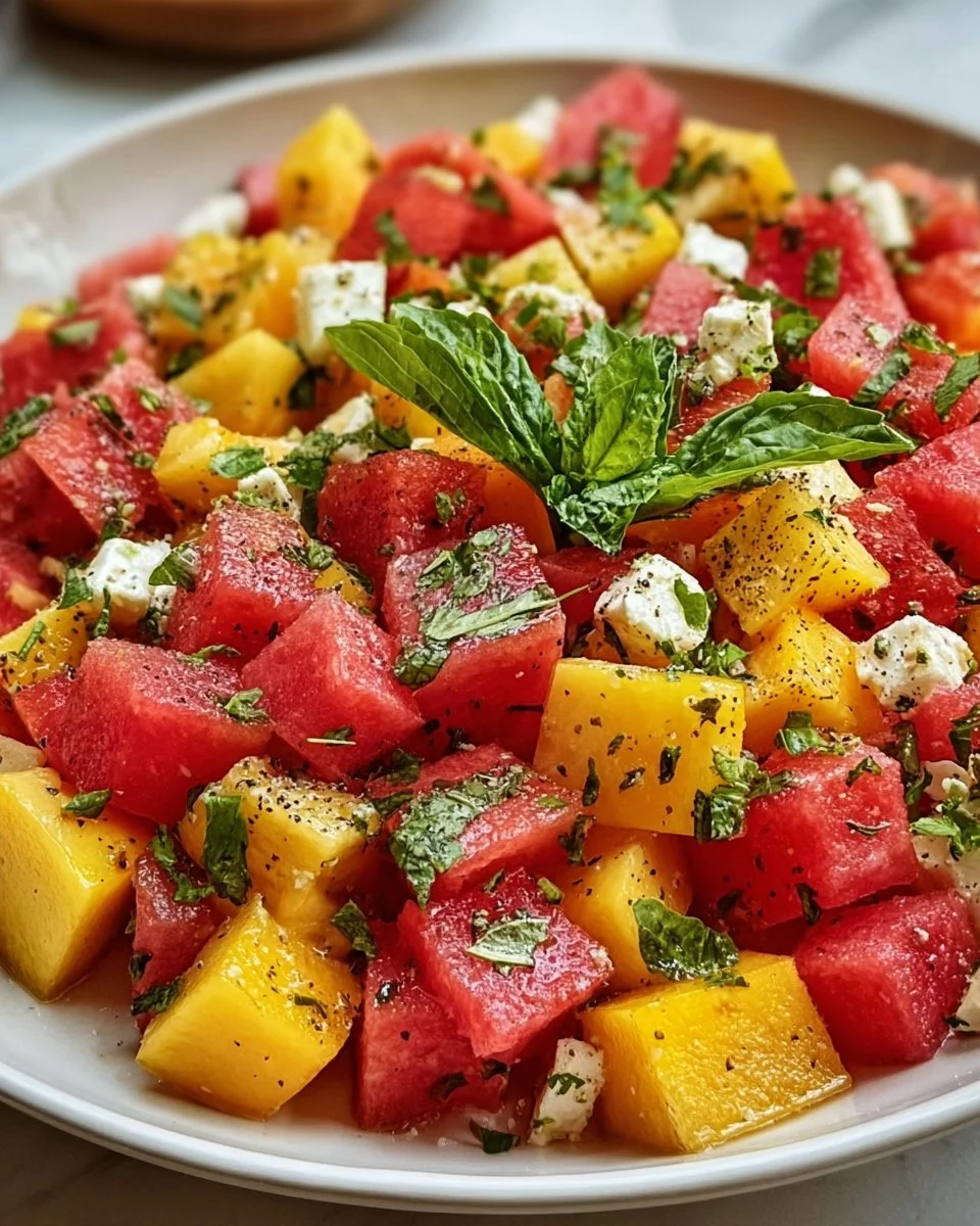 Vibrant Peach Watermelon Salad with fresh fruits and mint leaves