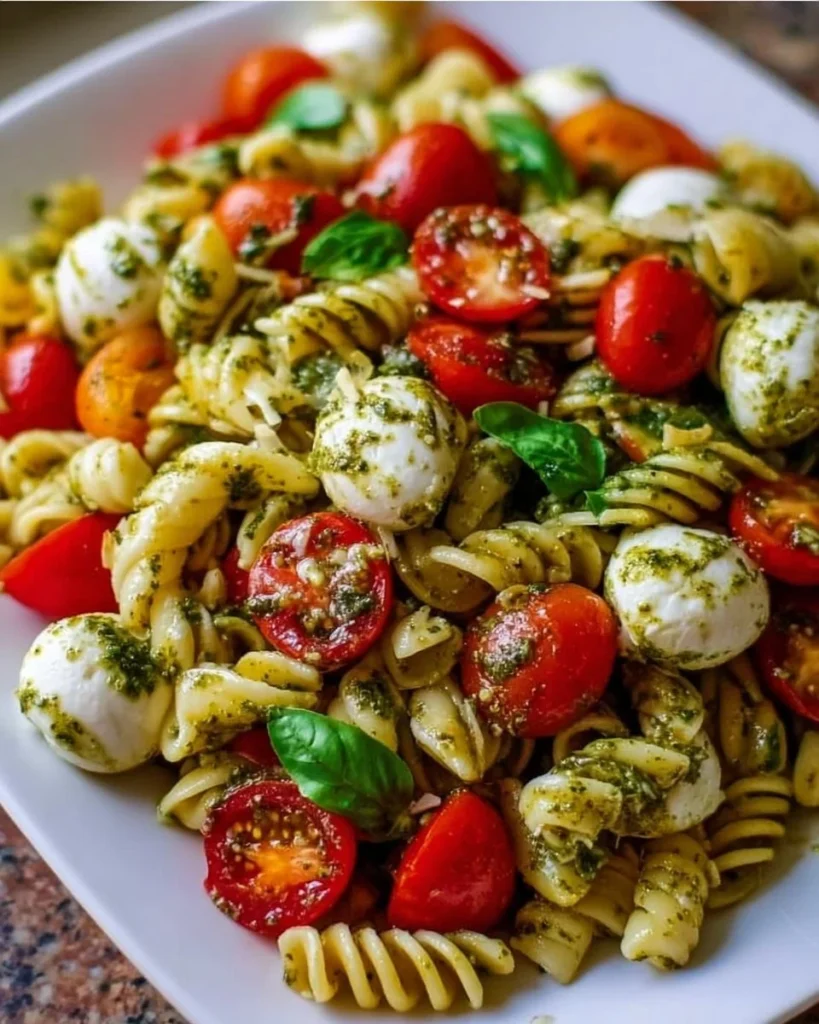 Delicious Pesto Caprese Pasta Salad with fresh ingredients and vibrant colors.