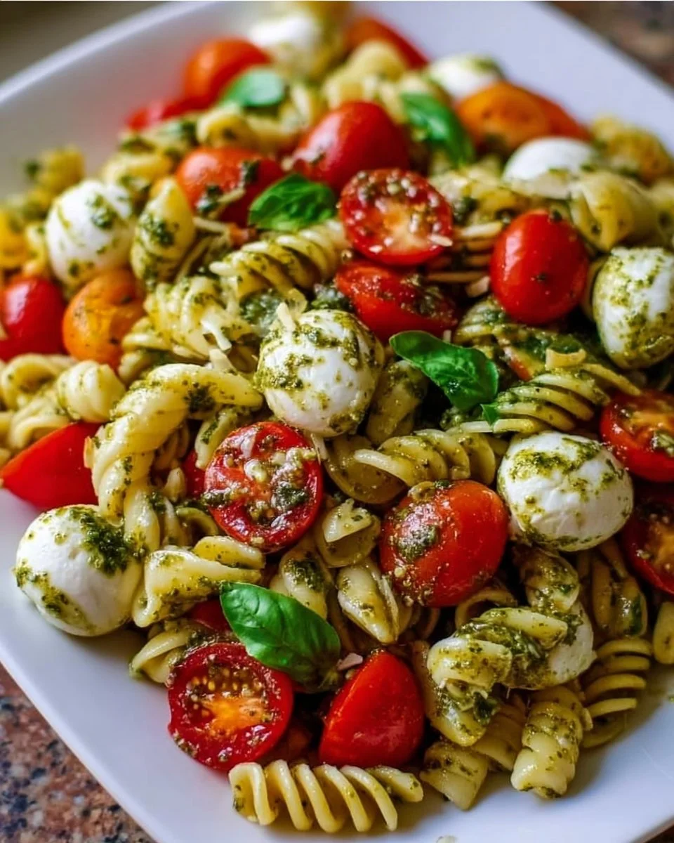 Delicious Pesto Caprese Pasta Salad with fresh ingredients and vibrant colors.