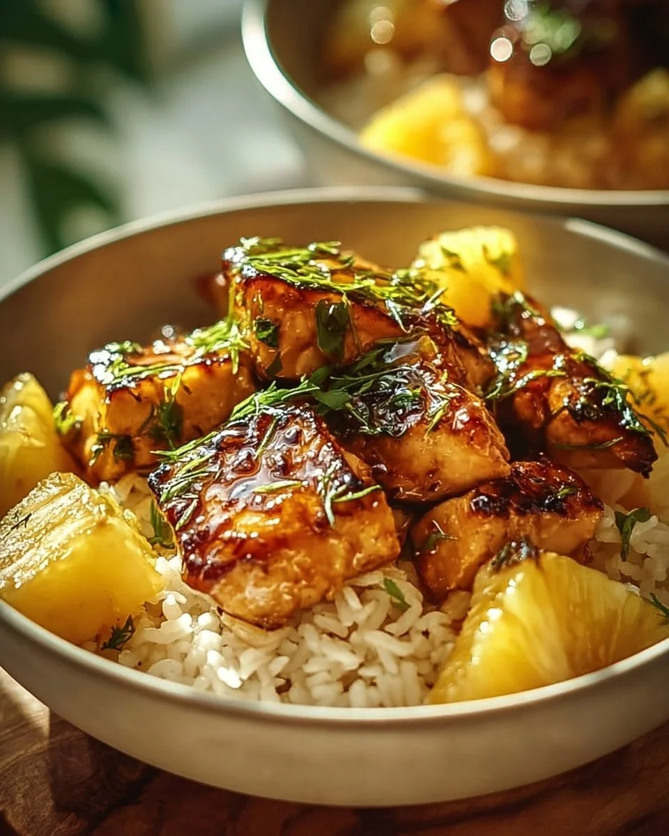 Delicious Pineapple Chicken served with fluffy rice on a plate