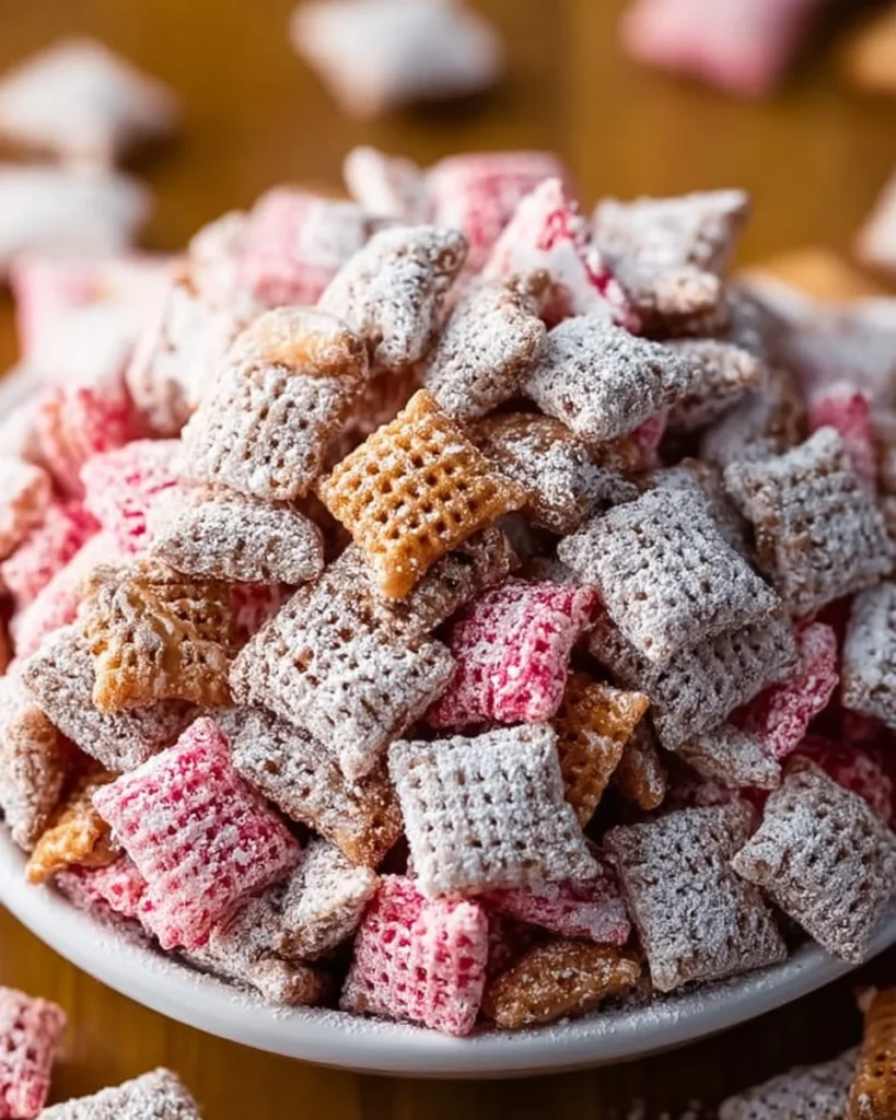 Homemade Puppy Chow treat for dogs on a plate