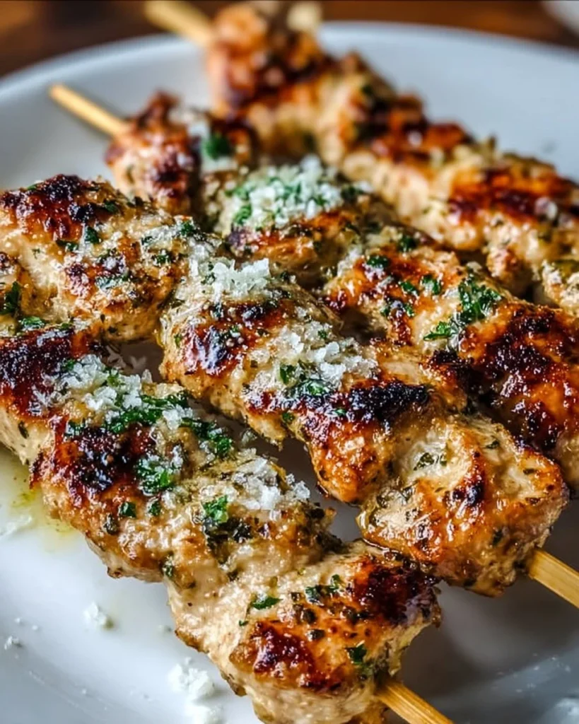Ranch garlic parmesan chicken skewers grilled to perfection.
