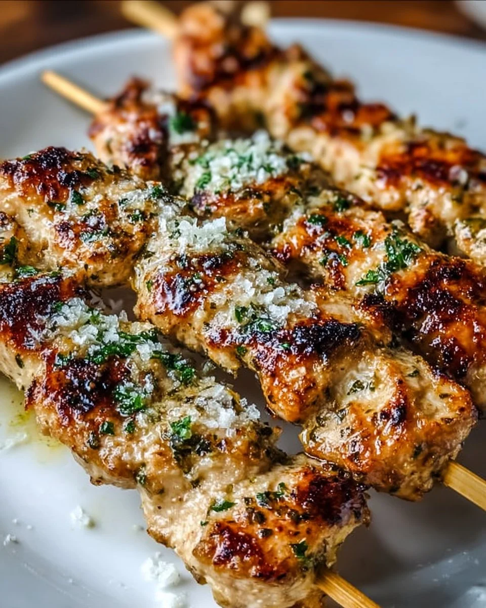 Ranch garlic parmesan chicken skewers grilled to perfection.