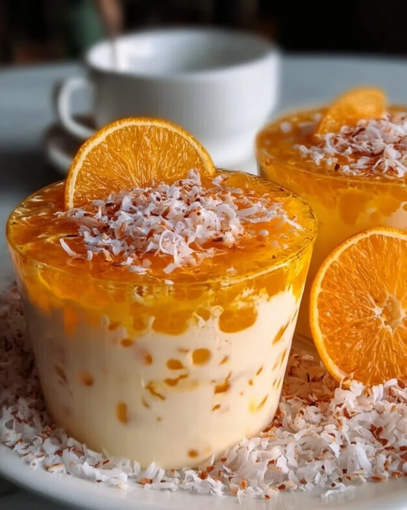 Creamy coconut orange dessert with citrus slices and whipped cream on a plate