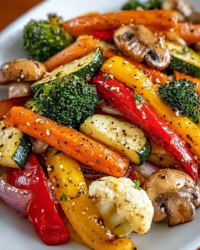A colorful plate of sautéed vegetables showcasing vibrant bell peppers, broccoli, and carrots.