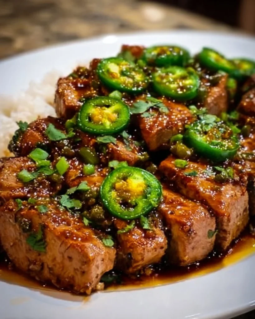 Sweet jalapeño pork dish garnished with fresh peppers and herbs.