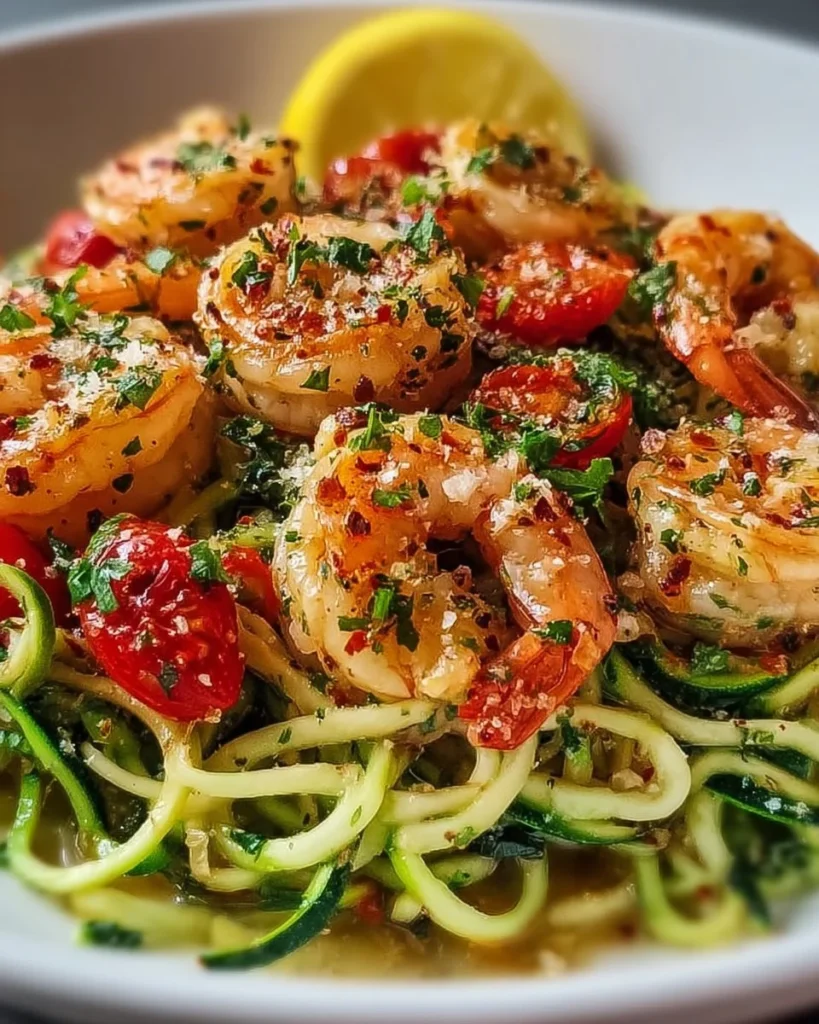 Skinny shrimp scampi zucchini noodles dish garnished with herbs and lemon