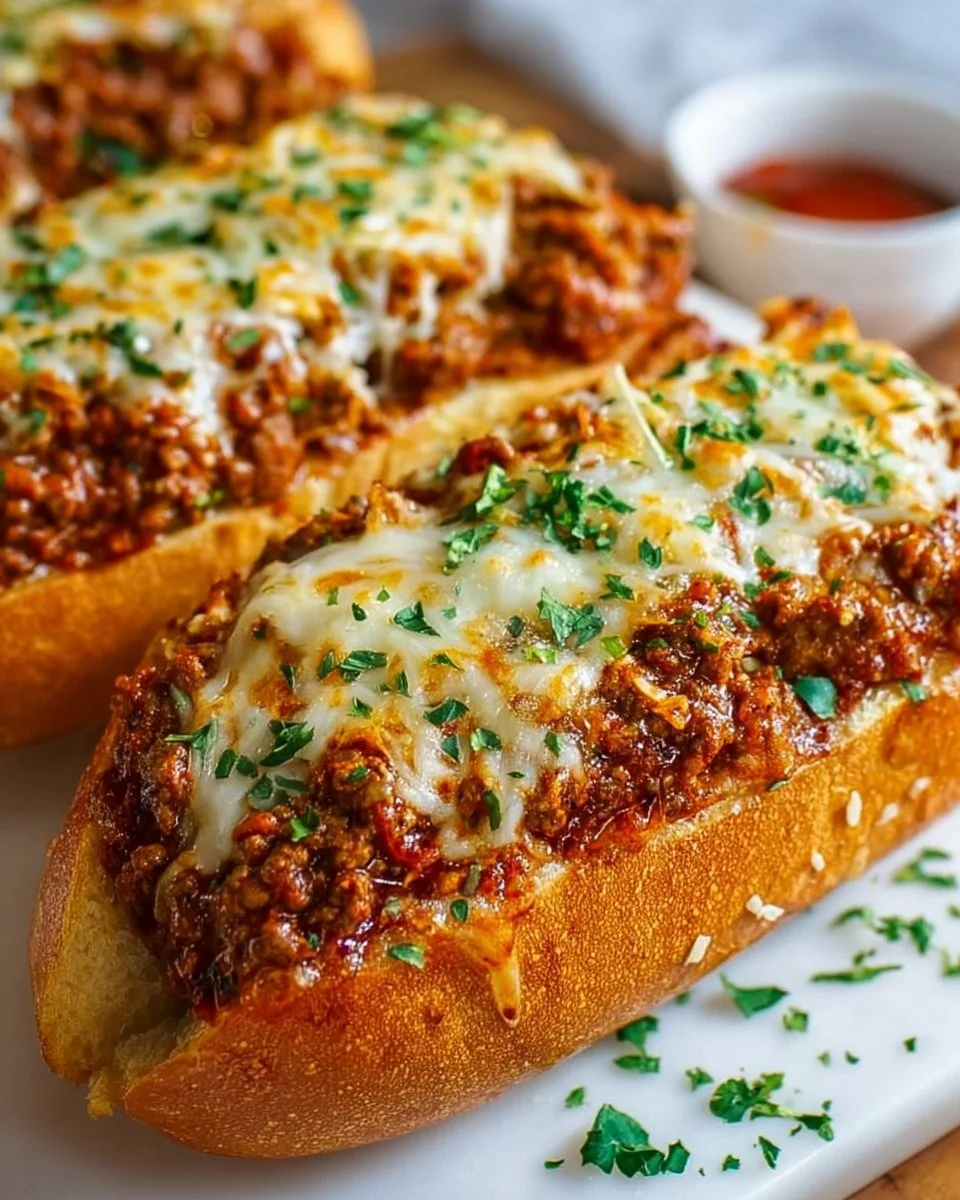 Delicious Sloppy Joe Garlic Bread topped with melted cheese and herbs.