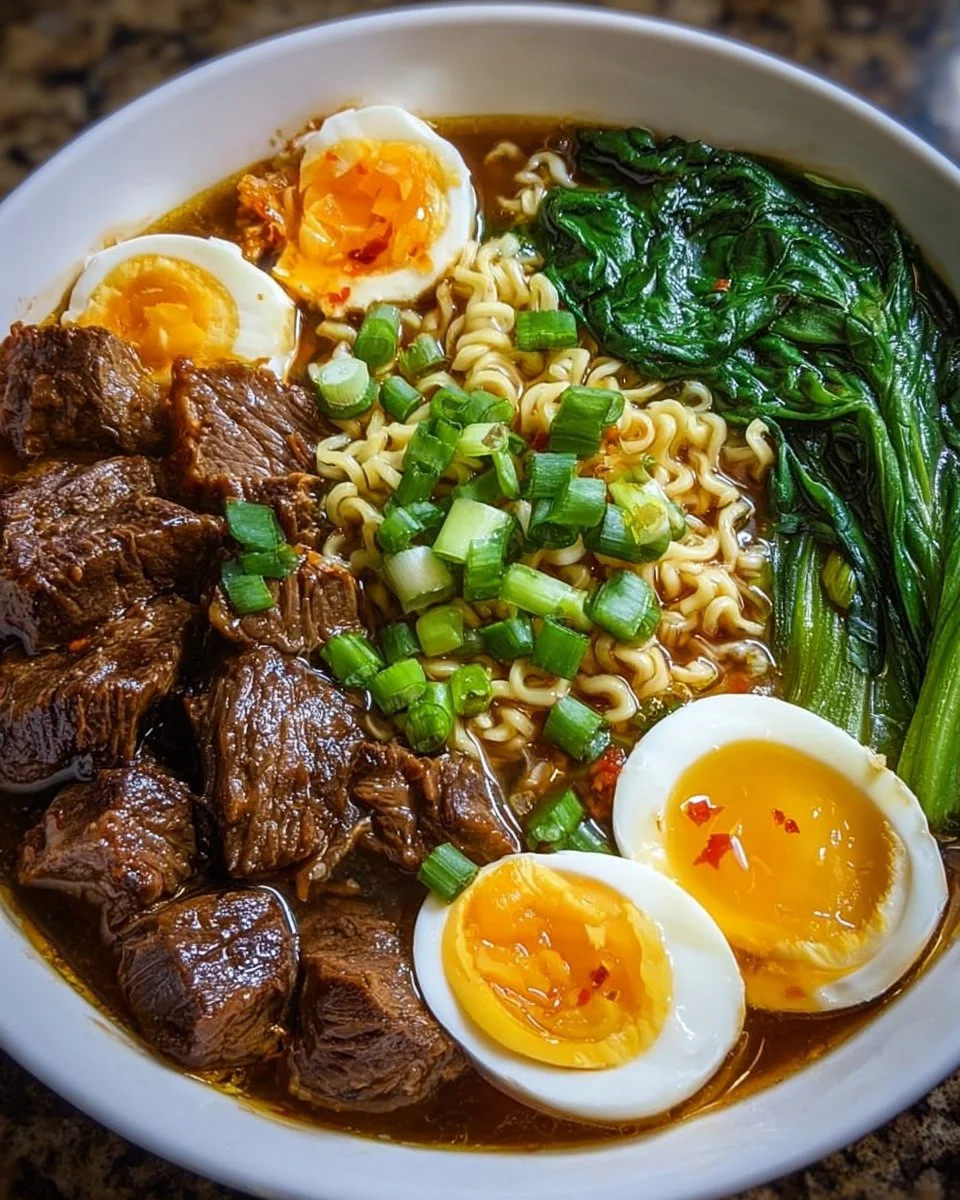 Delicious Slow Cooker Beef Ramen Noodles topped with garnishes in a bowl.