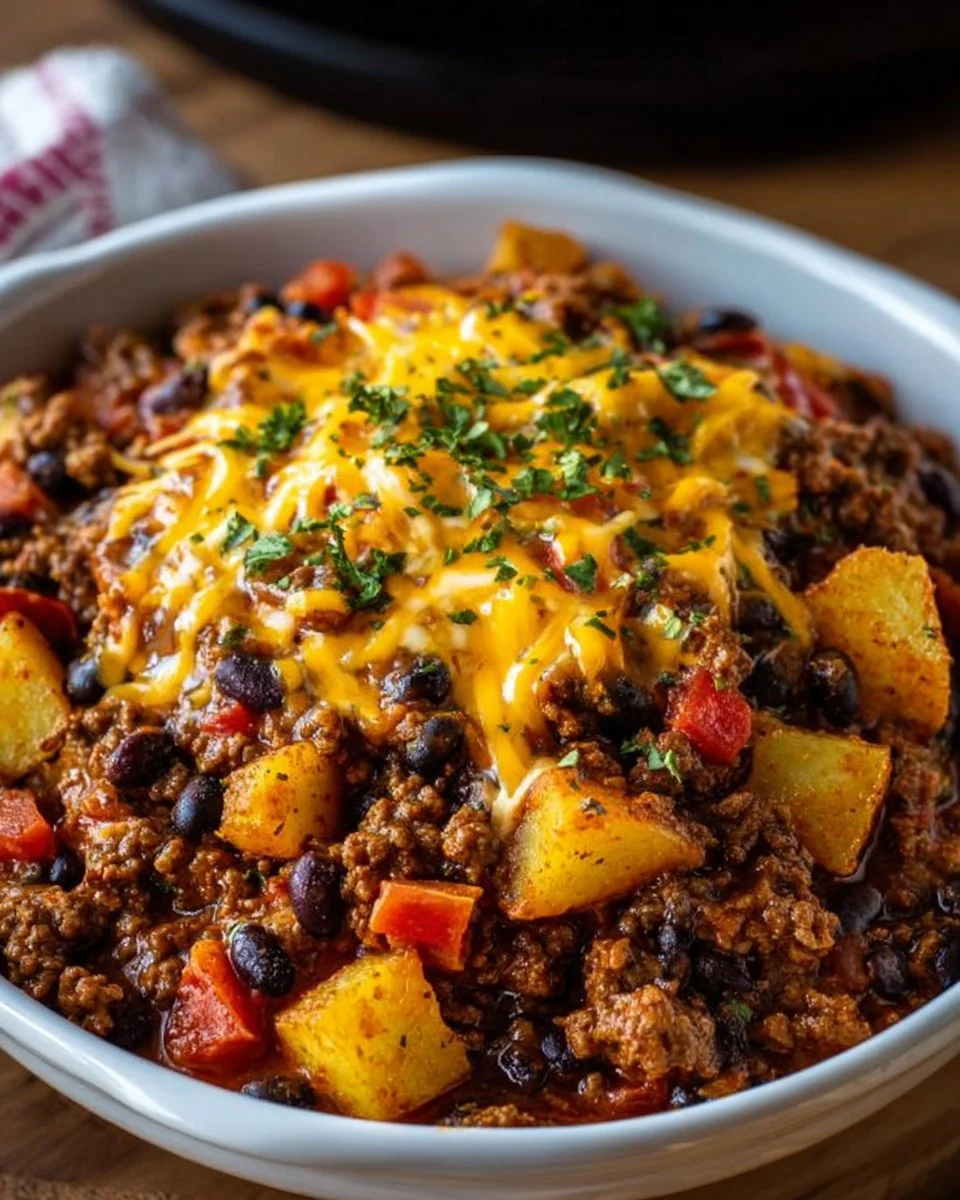 Delicious slow cooker cowboy casserole with ground beef and beans