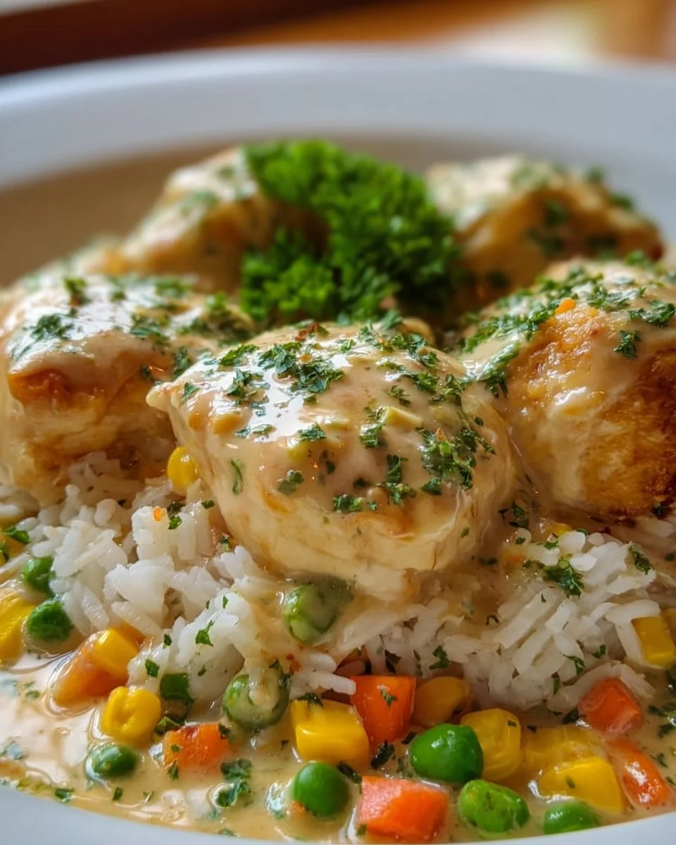 Slow cooker creamy chicken and rice dish served in a bowl