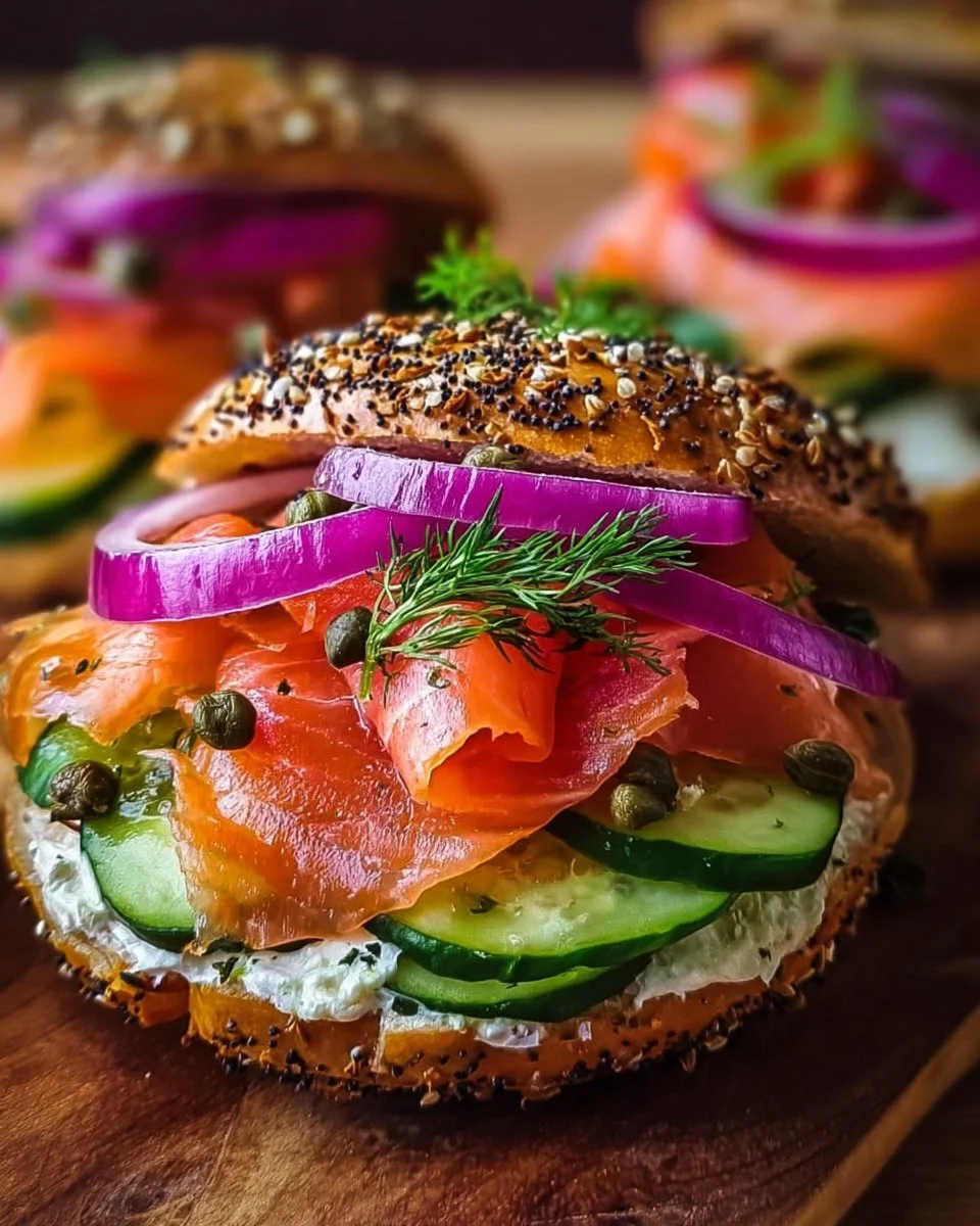 Smoked salmon bagel sandwich with cream cheese and capers on a wooden board