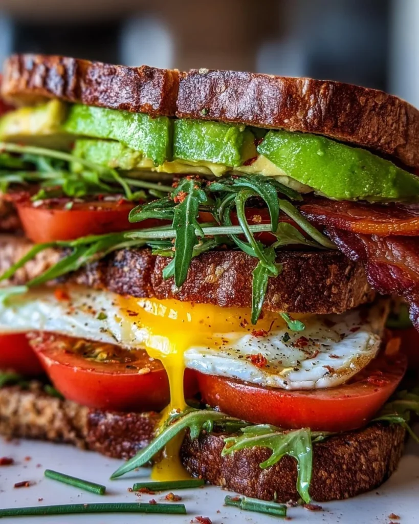 Sourdough Avocado BLT Stack with crispy bacon, ripe avocado, and fresh lettuce