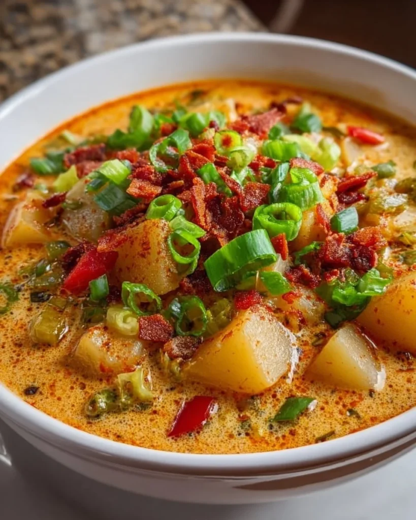 Bowl of creamy spicy Cajun Potato Soup garnished with herbs and spices.