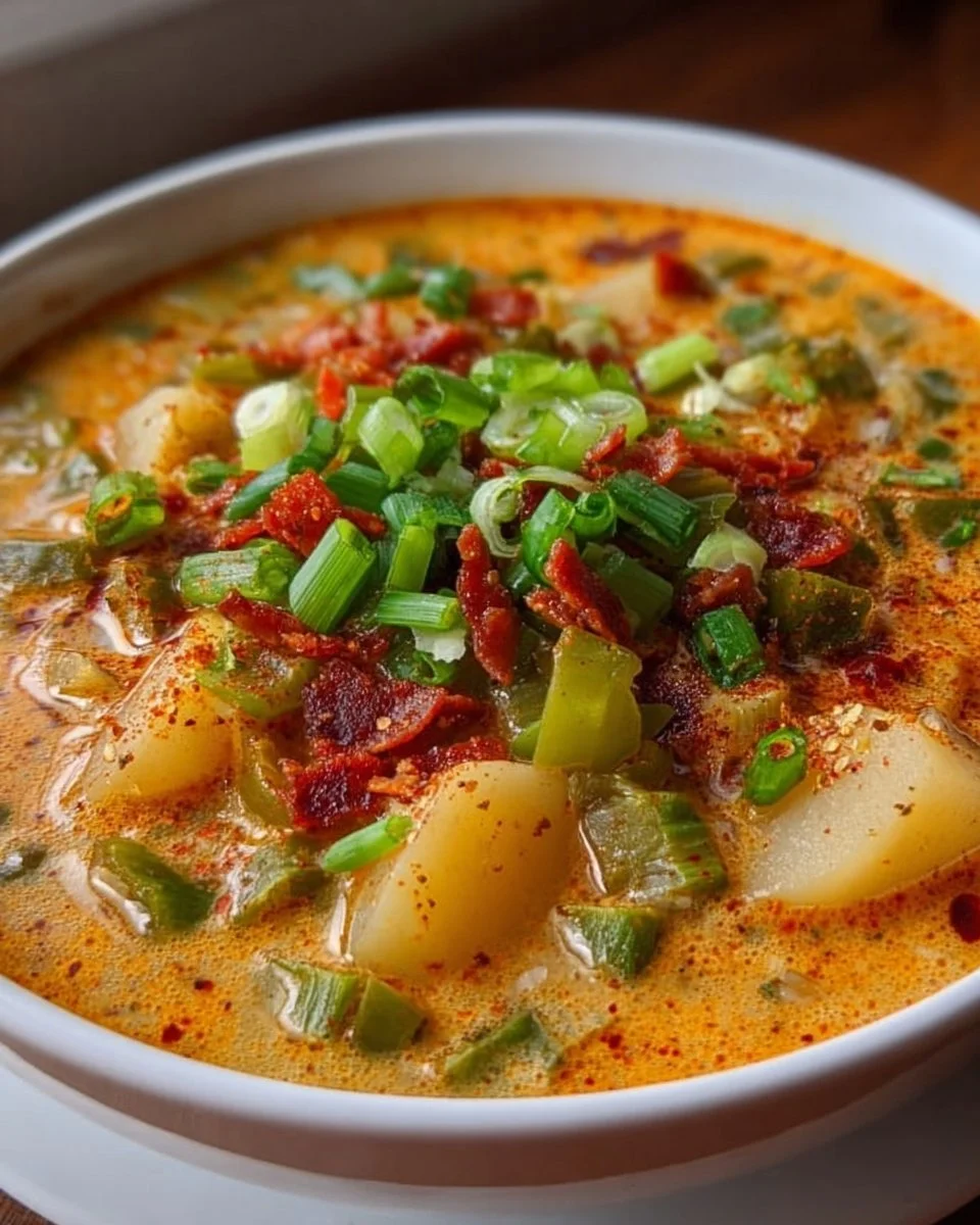 Bowl of Spicy Cajun Potato Soup topped with fresh herbs and spices