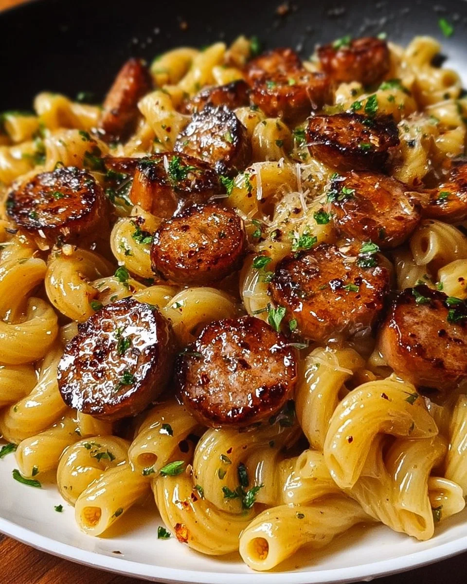 Sticky Honey Garlic Sausage Pasta Skillet topped with fresh herbs