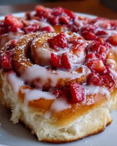 Freshly baked Strawberry Cinnamon Rolls with Brioche, showcasing vibrant strawberries.