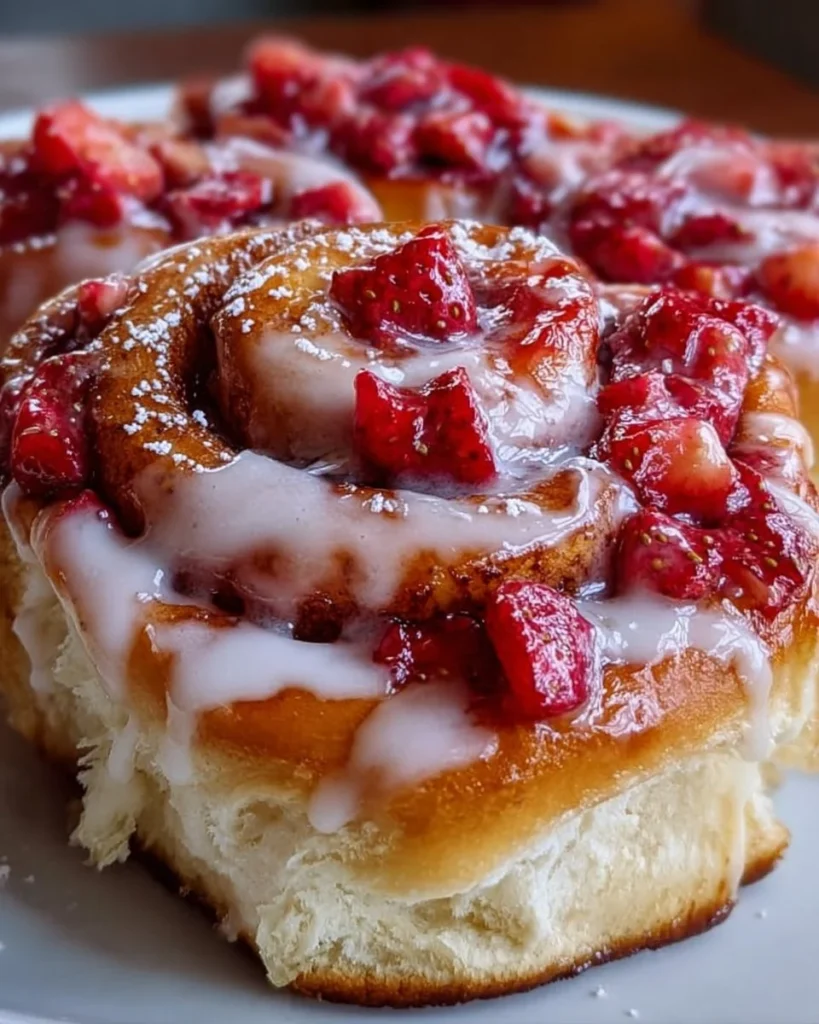 Freshly baked Strawberry Cinnamon Rolls with Brioche, showcasing vibrant strawberries.