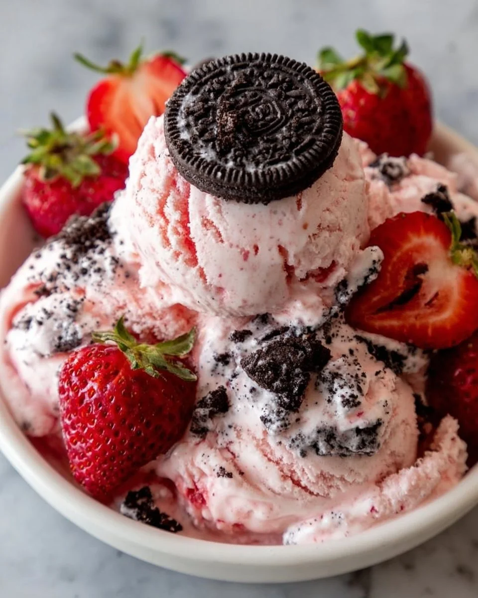 A delicious bowl of Strawberry Oreo Ice Cream topped with crushed Oreos and fresh strawberries.