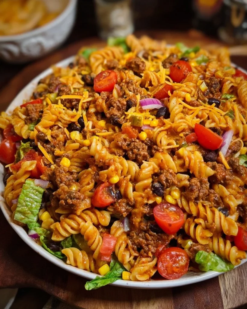 Bowl of fresh Taco Pasta Salad with colorful vegetables and taco-seasoned pasta