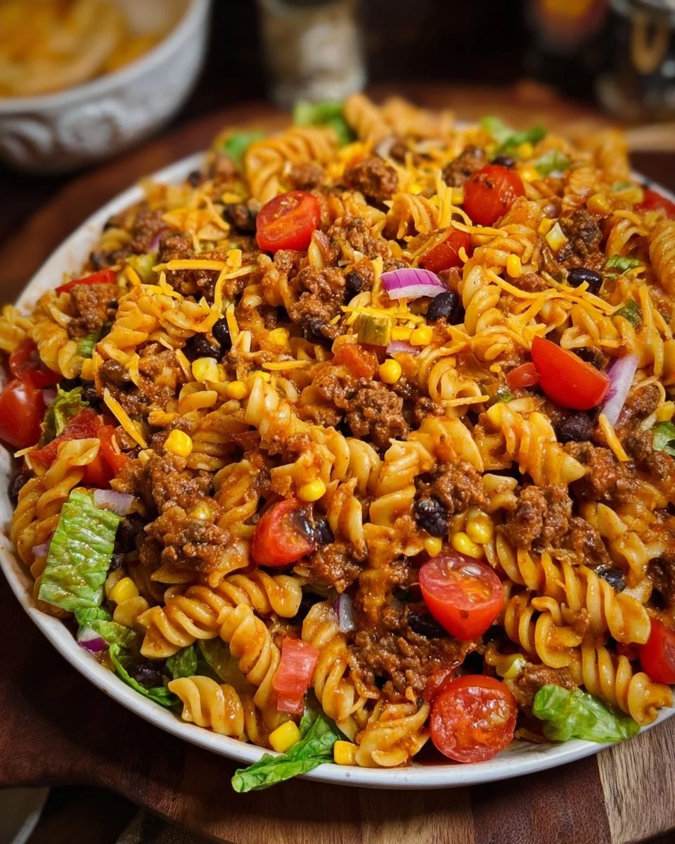Bowl of fresh Taco Pasta Salad with colorful vegetables and taco-seasoned pasta