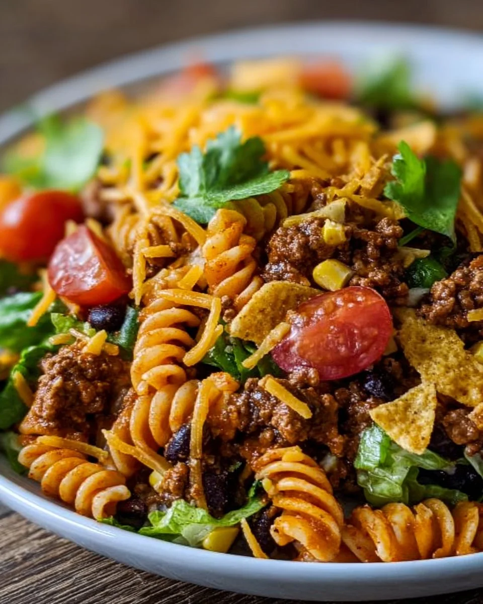 Vibrant Taco Pasta Salad with colorful ingredients and toppings