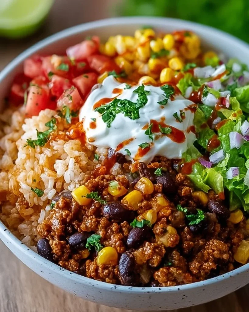Delicious Taco Rice Bowl topped with fresh ingredients