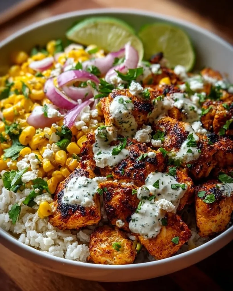 Delicious street corn chicken bowl with fresh ingredients and vibrant flavors