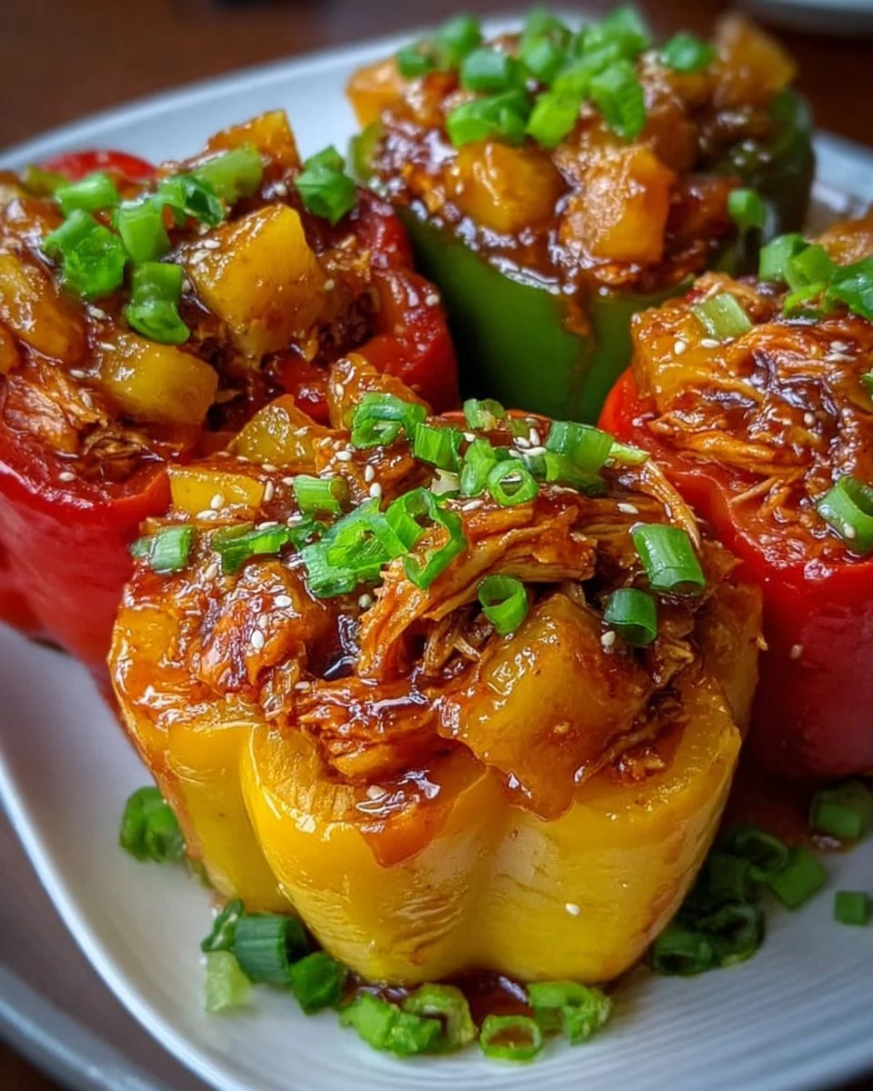 Delicious Teriyaki Pineapple Chicken stuffed peppers on a plate.