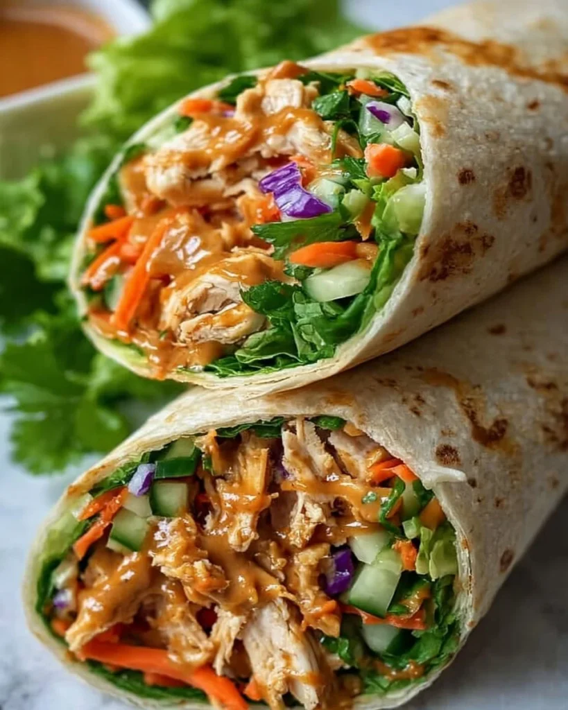 Thai Peanut Chicken wraps with fresh vegetables and sauce