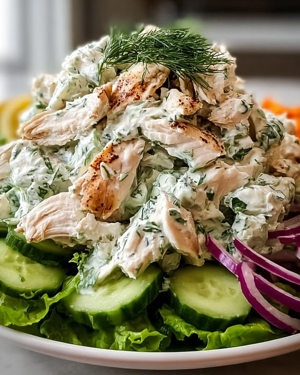 A delicious bowl of Tzatziki Chicken Salad with fresh vegetables and chicken.