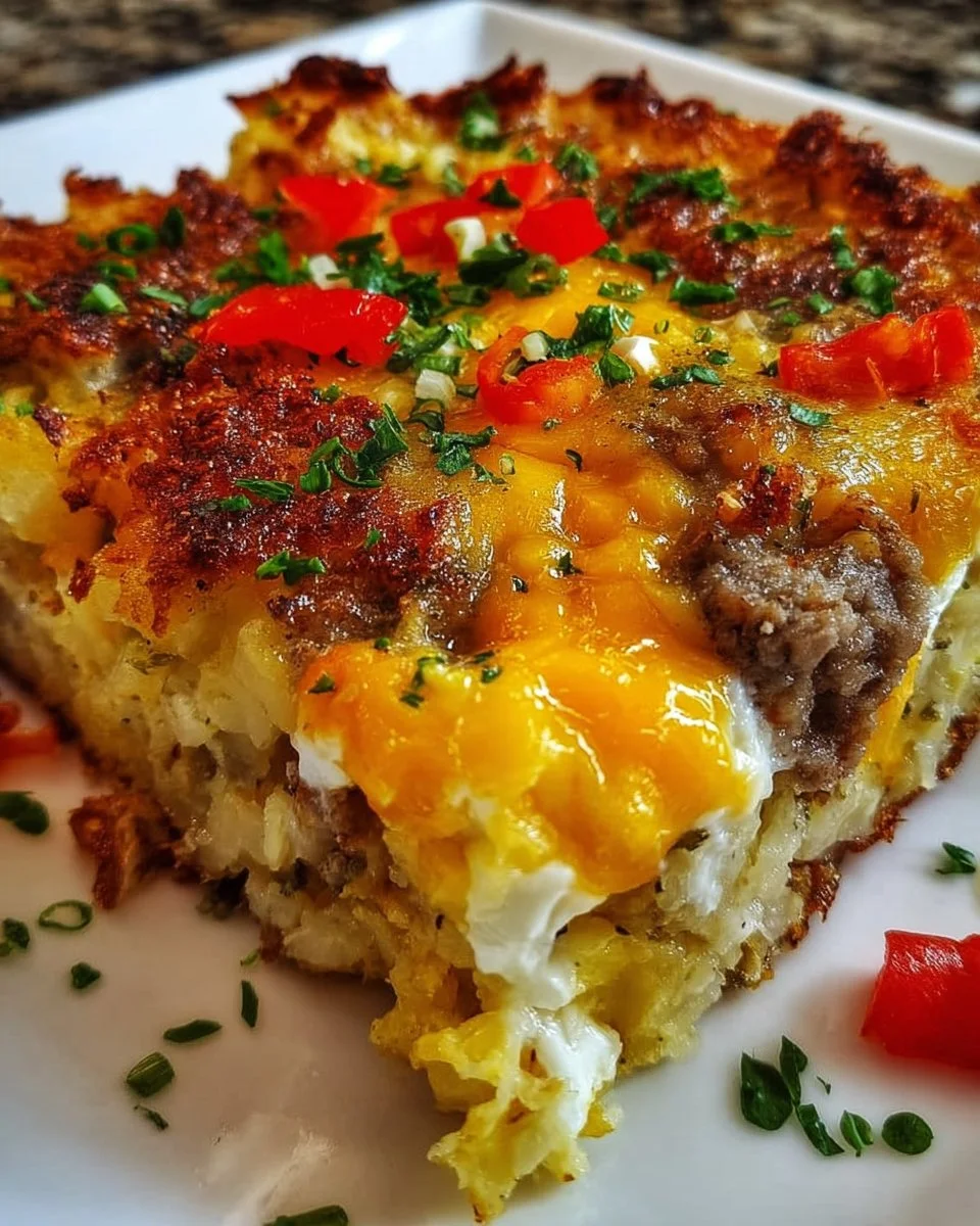 Amish Breakfast Casserole Hash served in a baking dish with fresh herbs