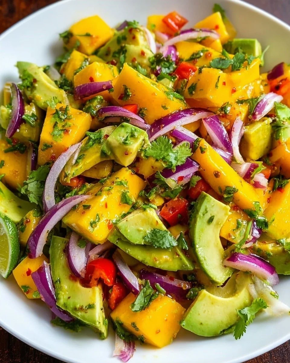 Delicious Avocado and Mango Salad served in a bowl with fresh ingredients