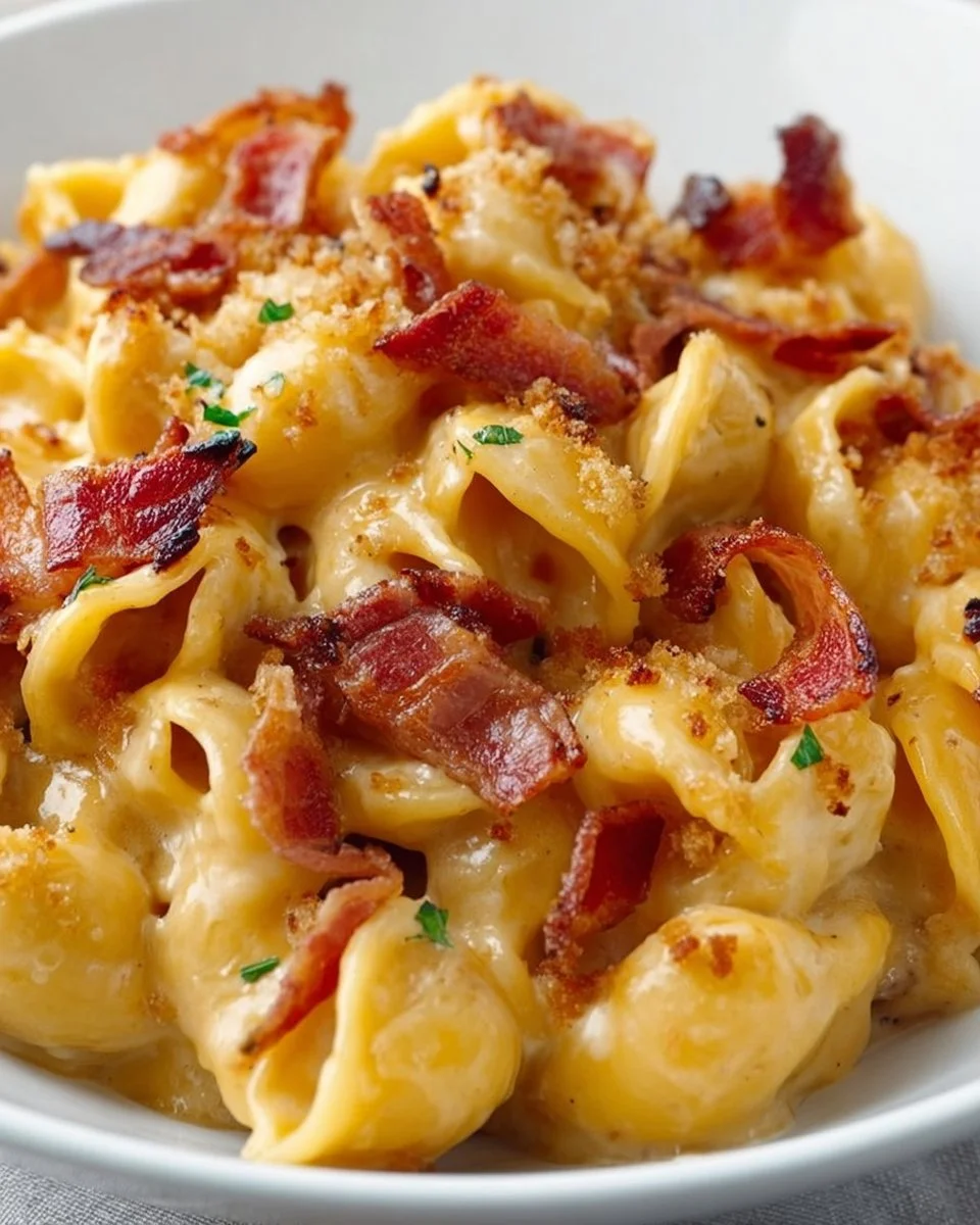Creamy Bacon Mac and Cheese topped with crispy bacon bits.