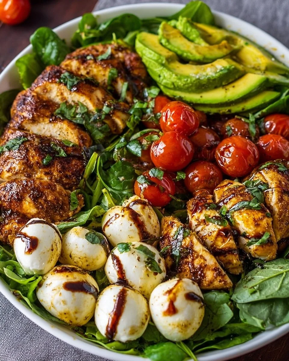 Baked marinated chicken salad with mozzarella and balsamic vinaigrette on a plate.