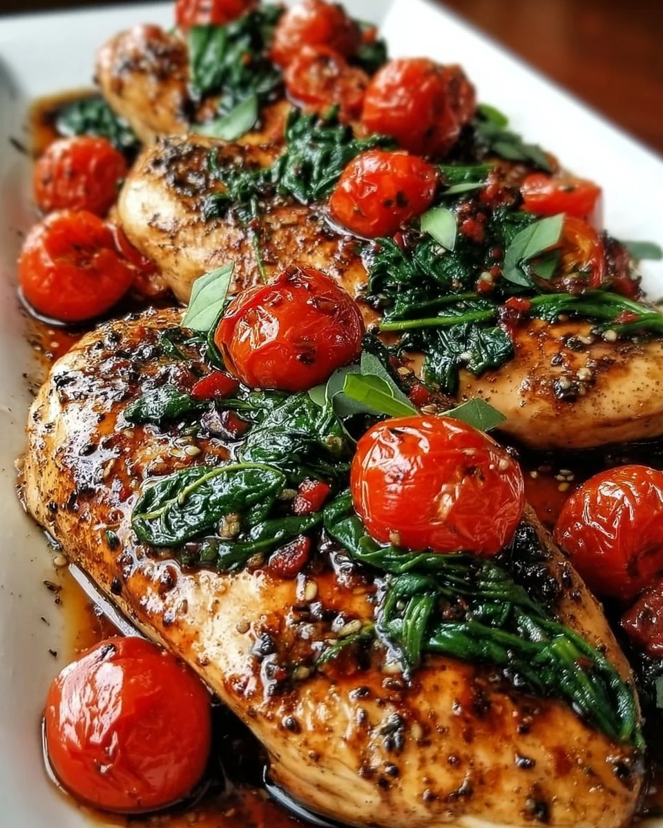Balsamic chicken breast served with fresh spinach and tomatoes