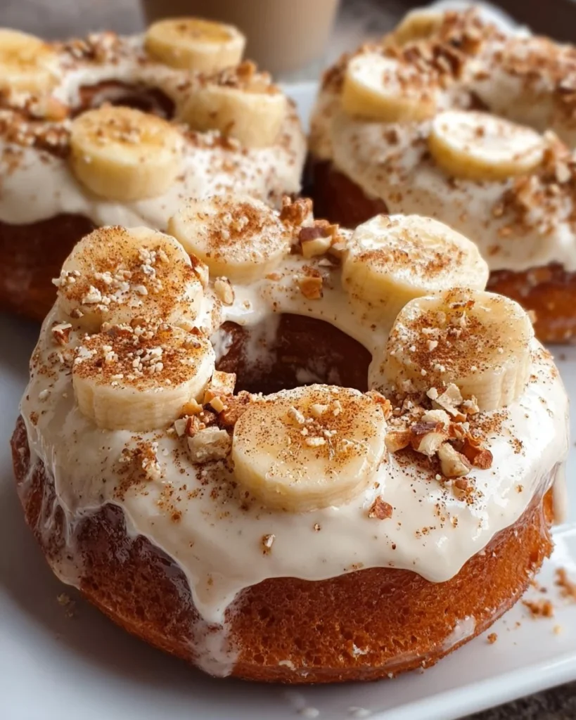 Delicious banana donuts with cinnamon cream cheese frosting ready to be enjoyed