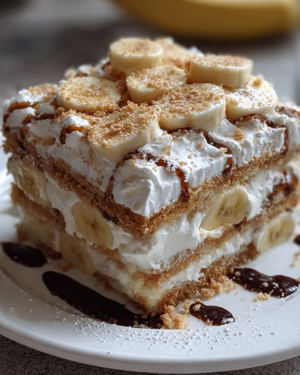 Delicious Banana Icebox Cake served on a plate with fresh banana slices