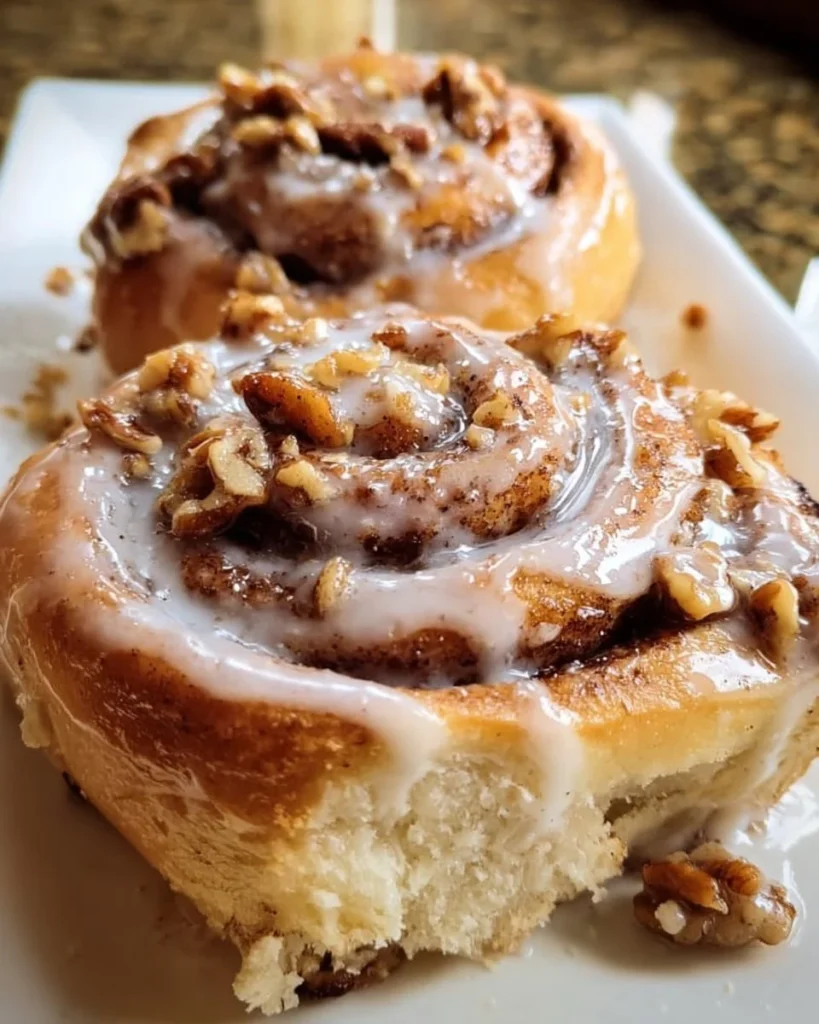 Freshly baked Banana Nut Cinnamon Rolls topped with nuts and cinnamon glaze