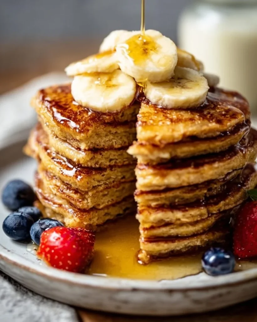 Fluffy banana pancakes topped with fresh bananas and syrup on a plate.