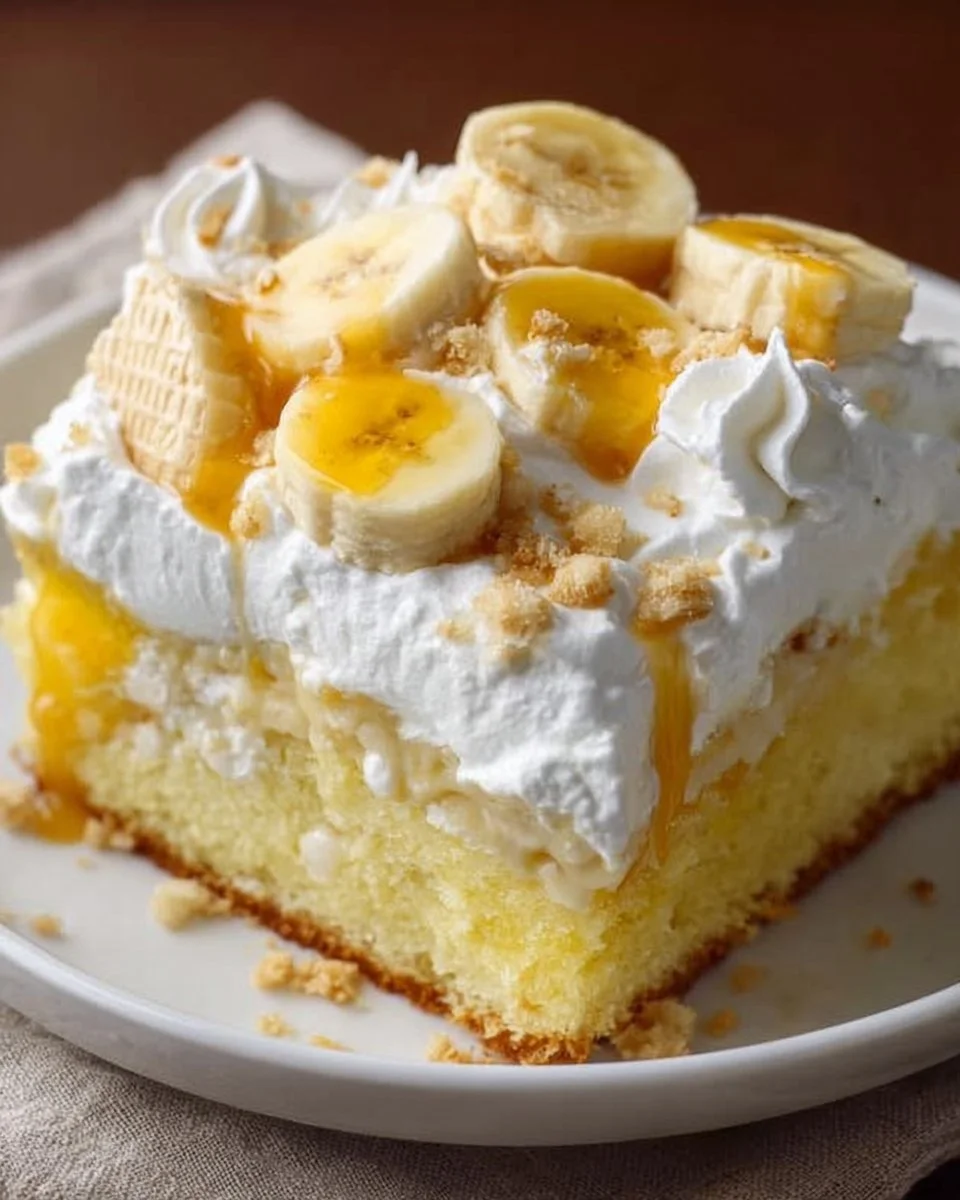 Banana Pudding Poke Cake topped with whipped cream and banana slices