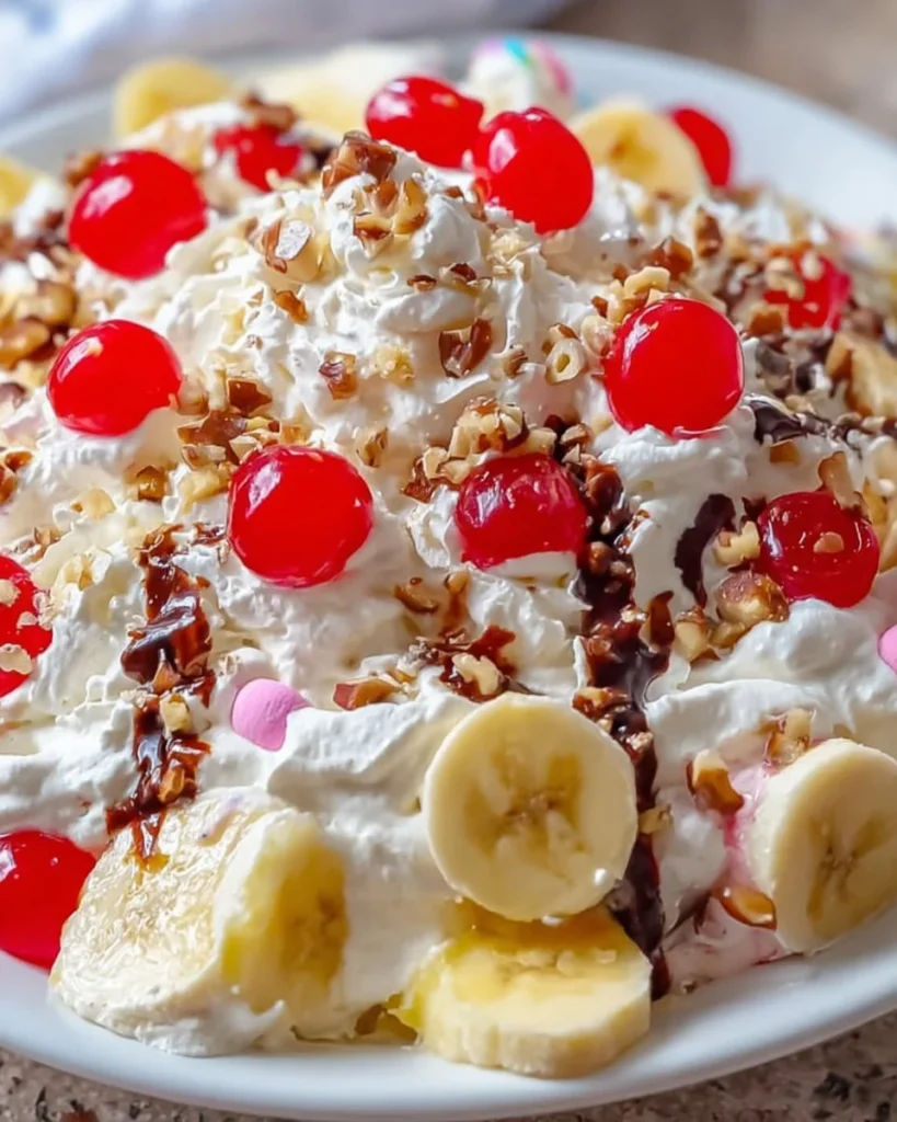 Delicious Banana Split Fluff Salad served in a bowl with toppings.