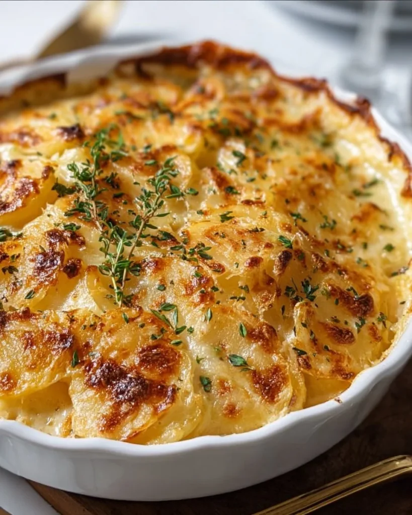 Deliciously baked au gratin potatoes topped with melted cheese.