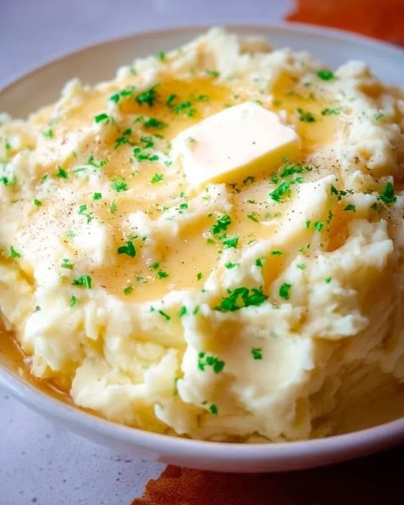 Delicious bowl of the best ever creamy mashed potatoes with butter and herbs
