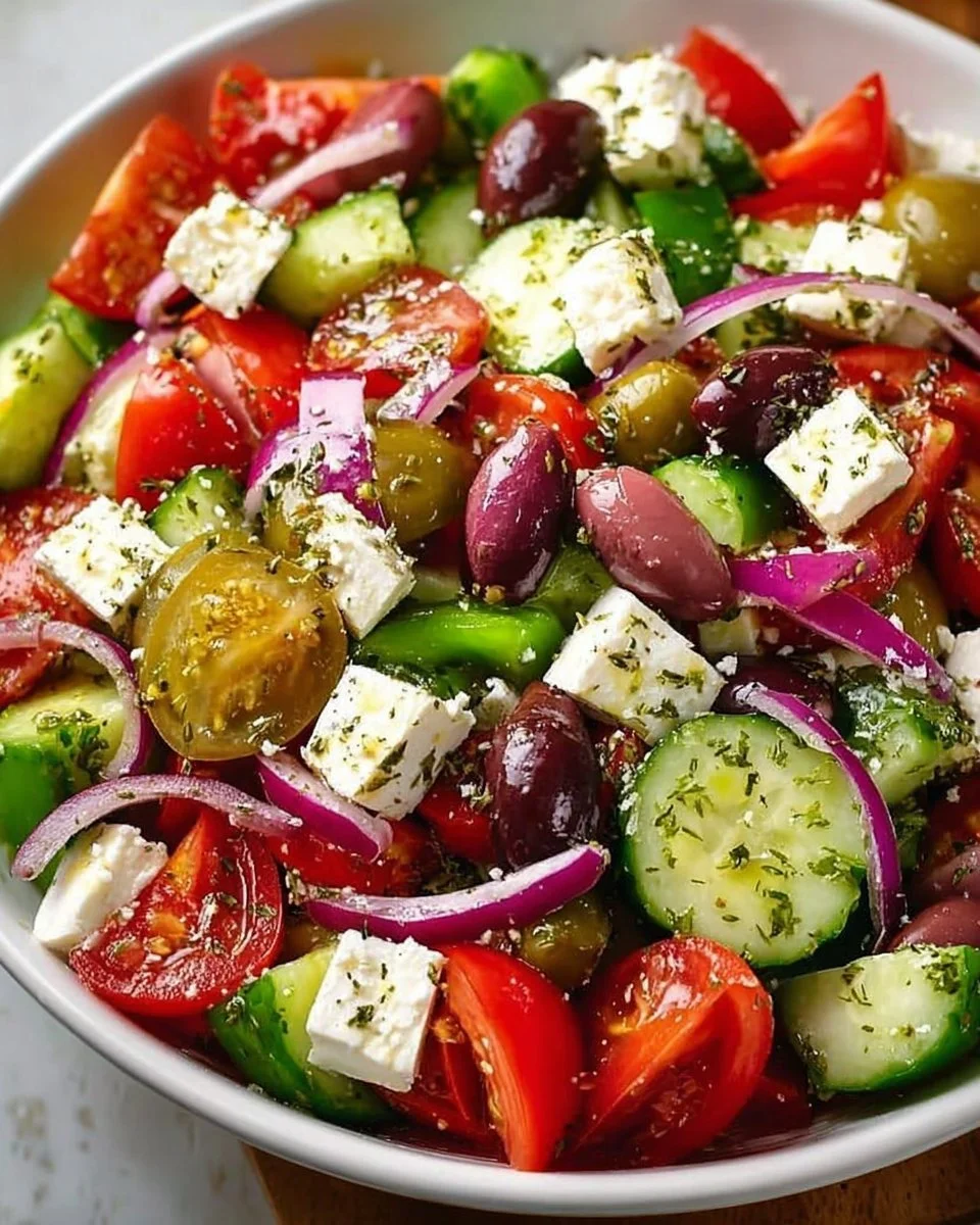 Colorful and fresh Greek salad with tomatoes, cucumbers, olives, and feta cheese
