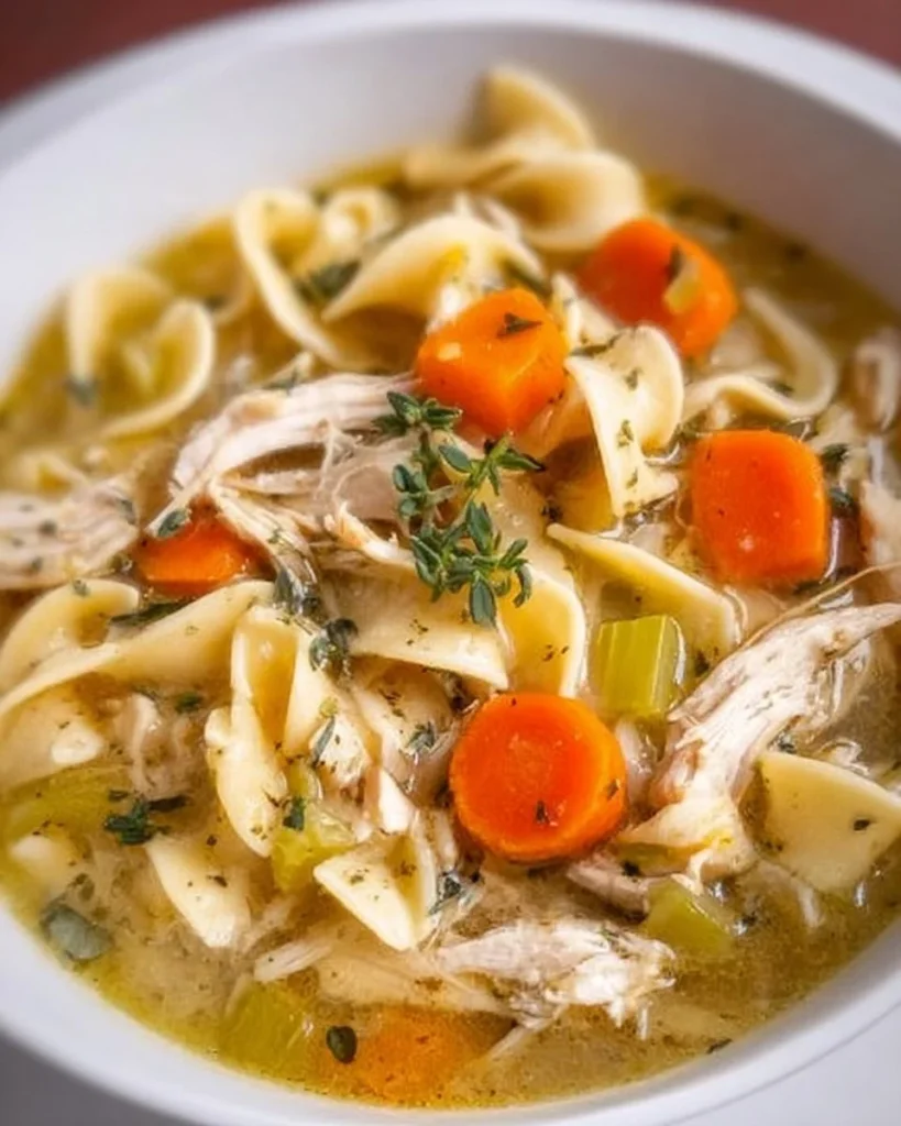 Bowl of best Turkey Noodle Soup with vegetables and herbs