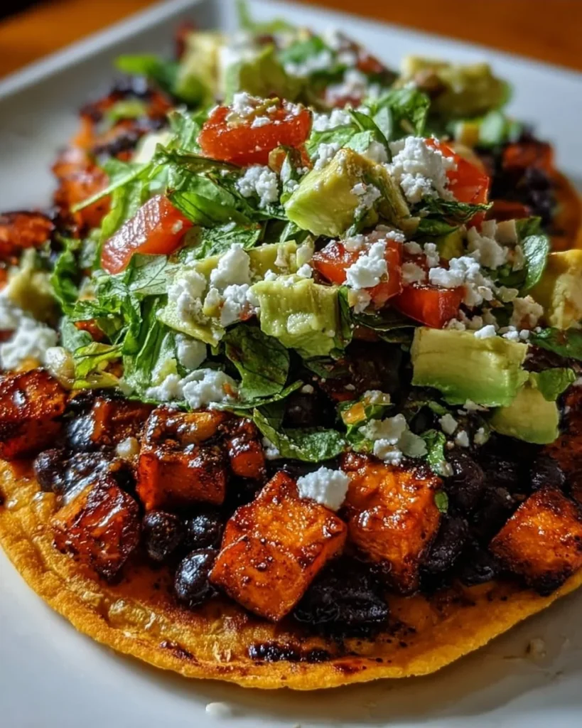 Black bean sweet potato tostadas topped with avocado and cilantro.