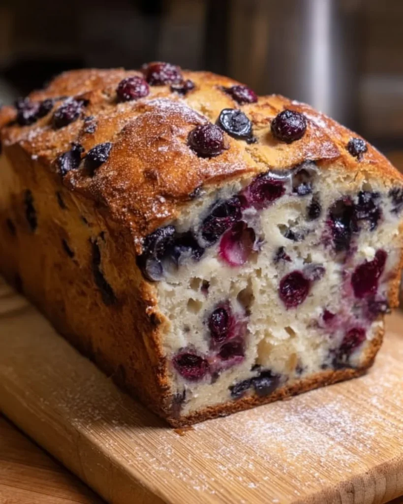 Blueberry Cream Cheese Sourdough Loaf, fresh baked and sliced for serving.
