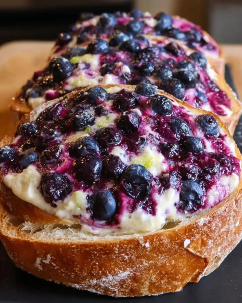 Freshly baked blueberry lemon cream cheese sourdough bread sliced on a wooden board.