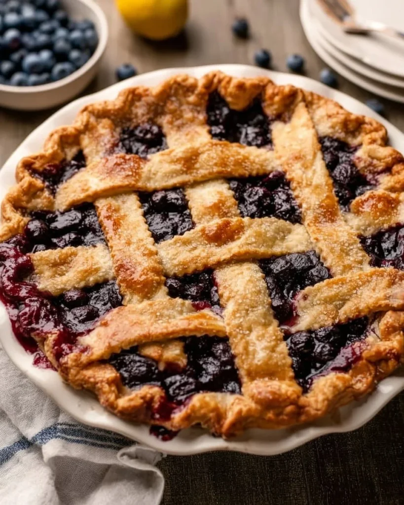 Homemade blueberry pie with fresh berries and golden crust